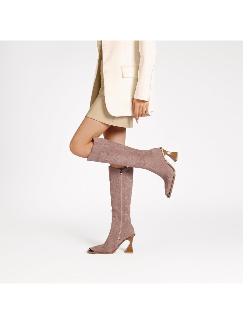 Women’s Taupe Pink Knee High Western Embroidered Side Zipper Cowgirl Boots - Picture 2 of 7